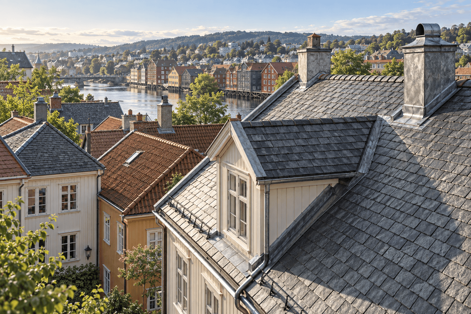 Arkitekturillustrasjon inspirert av Trondheims trehus og taklandskap ved Nidelva